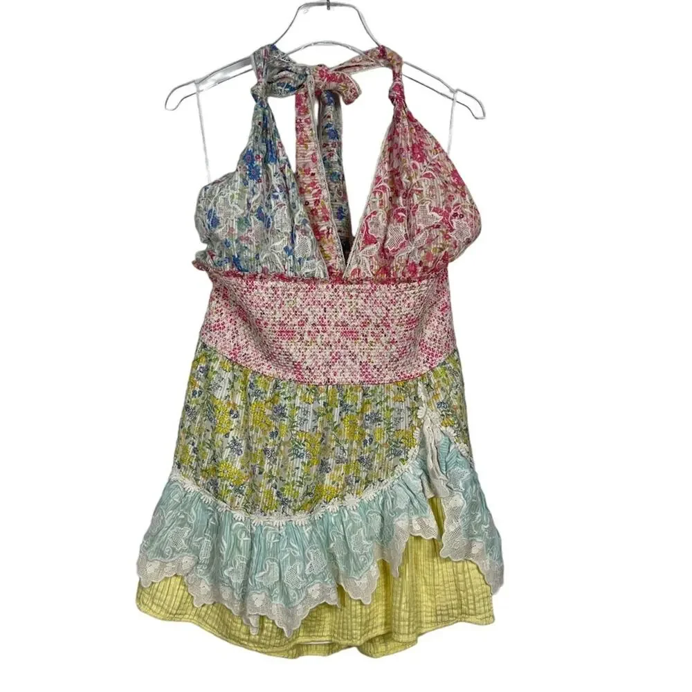 Love Shack Fancy Cambria Colorblock Tiered Halter Mini Dress Size XXL NEW